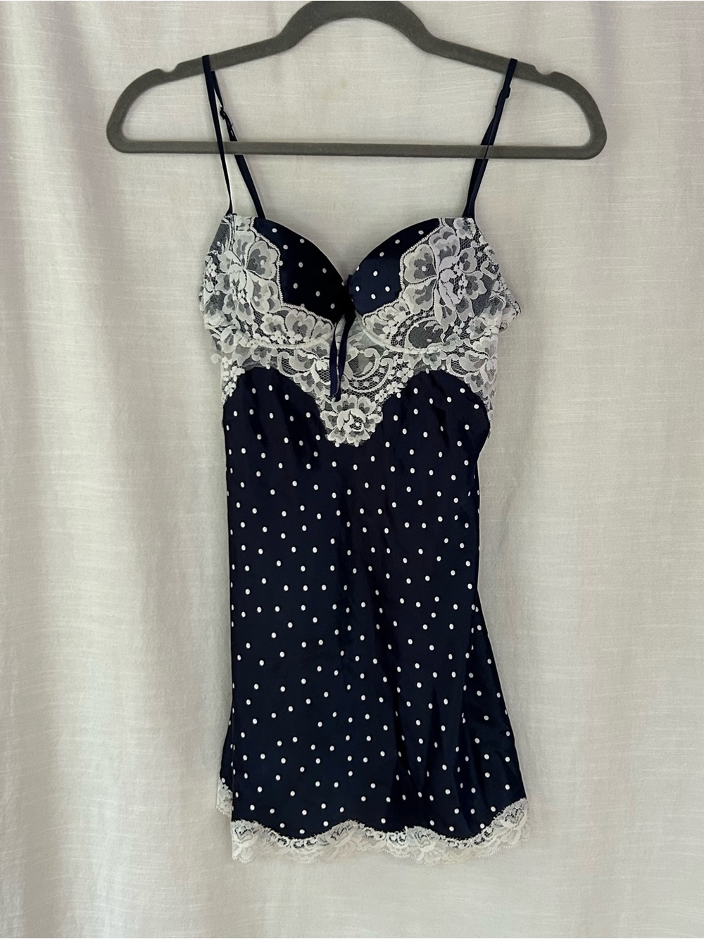 Navy Satin Polka Dot Lace Pajama‎ Sexy Loungewear Slip Dress